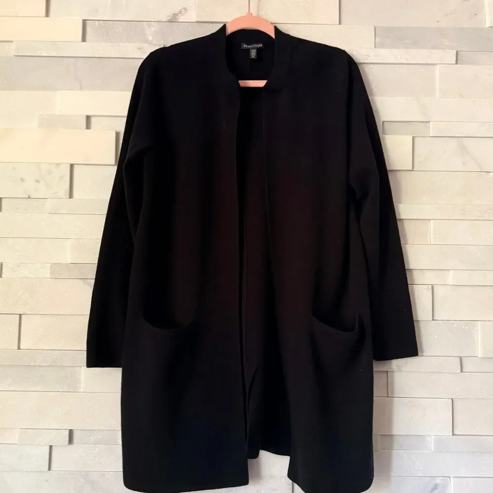 EILEEN FISHER Wool Open Front Cardigan Sweater Jacket Pockets S Black Academia